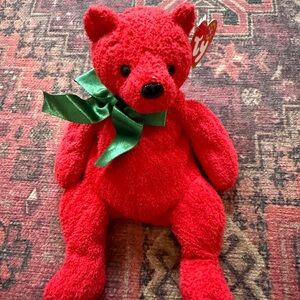 Ty Bright Red Plush Bear with Green Bow